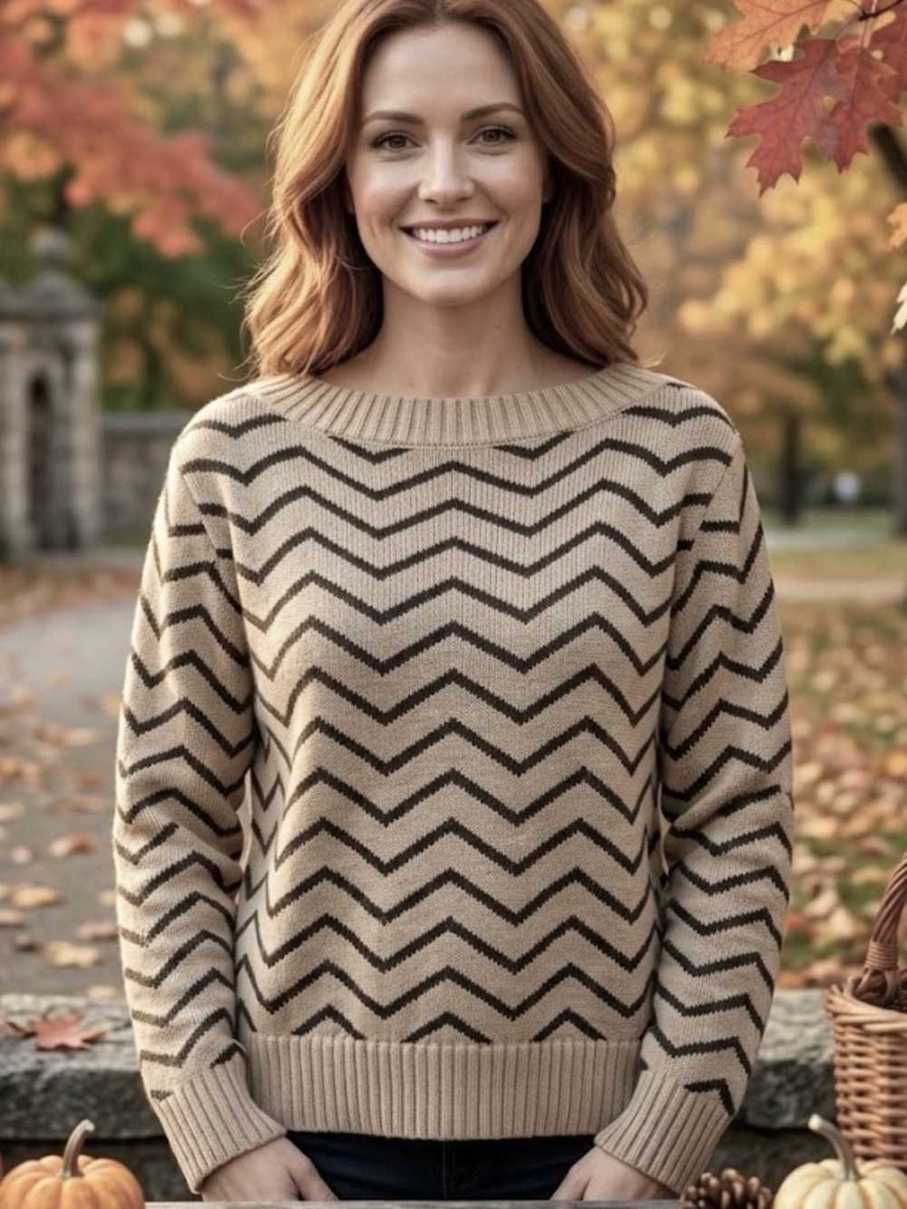 Vintage Liz Claiborne Lizsport Zigzag Chevron Knit Sweater Beige Brown XL